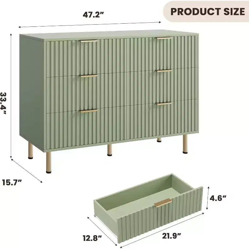Moderner Sideboard mit 6 geriffelten Schubladen und Metallbeinen – Holzkommode und Beistelltisch für Schlafzimmer und Wohnzimmer  