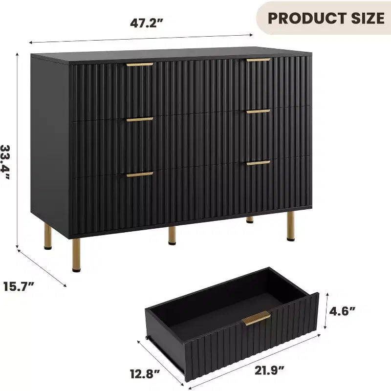 Modern Sideboard with Fluted 6 Drawers and Metal Legs – Wooden Dresser Organizer and Side Table for Bedroom and Living Room