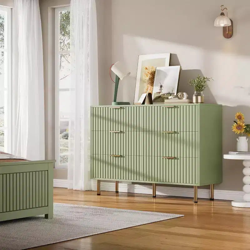 Moderner Sideboard mit 6 geriffelten Schubladen und Metallbeinen – Holzkommode und Beistelltisch für Schlafzimmer und Wohnzimmer  