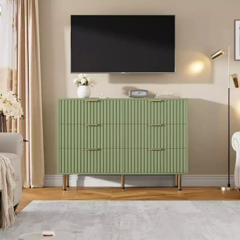Moderner Sideboard mit 6 geriffelten Schubladen und Metallbeinen – Holzkommode und Beistelltisch für Schlafzimmer und Wohnzimmer  