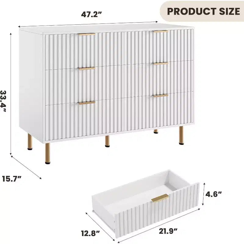 Moderner Sideboard mit 6 geriffelten Schubladen und Metallbeinen – Holzkommode und Beistelltisch für Schlafzimmer und Wohnzimmer  