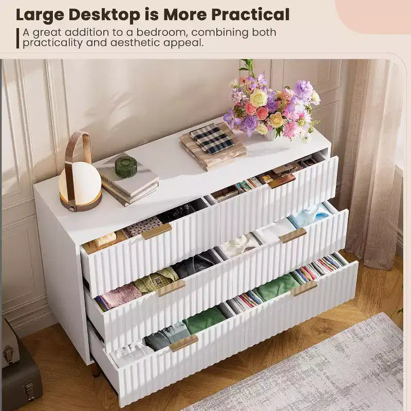 Moderner Sideboard mit 6 geriffelten Schubladen und Metallbeinen – Holzkommode und Beistelltisch für Schlafzimmer und Wohnzimmer  