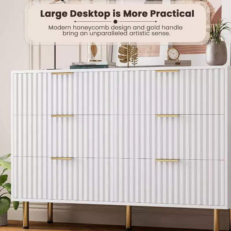 Moderner Sideboard mit 6 geriffelten Schubladen und Metallbeinen – Holzkommode und Beistelltisch für Schlafzimmer und Wohnzimmer  