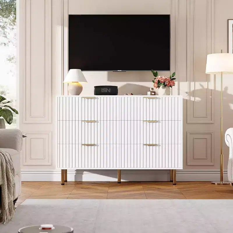 Moderner Sideboard mit 6 geriffelten Schubladen und Metallbeinen – Holzkommode und Beistelltisch für Schlafzimmer und Wohnzimmer  