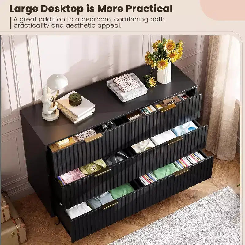 Modern Sideboard with Fluted 6 Drawers and Metal Legs – Wooden Dresser Organizer and Side Table for Bedroom and Living Room