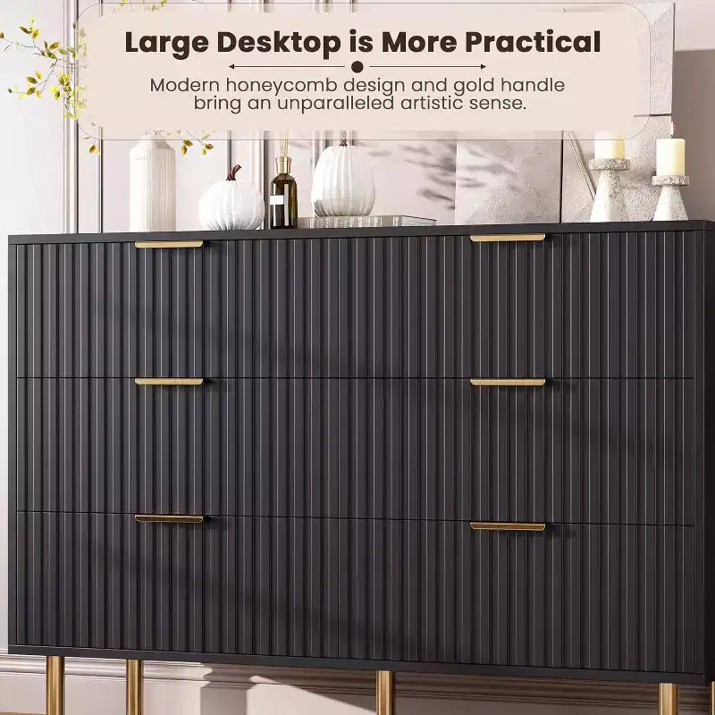 Modern Sideboard with Fluted 6 Drawers and Metal Legs – Wooden Dresser Organizer and Side Table for Bedroom and Living Room