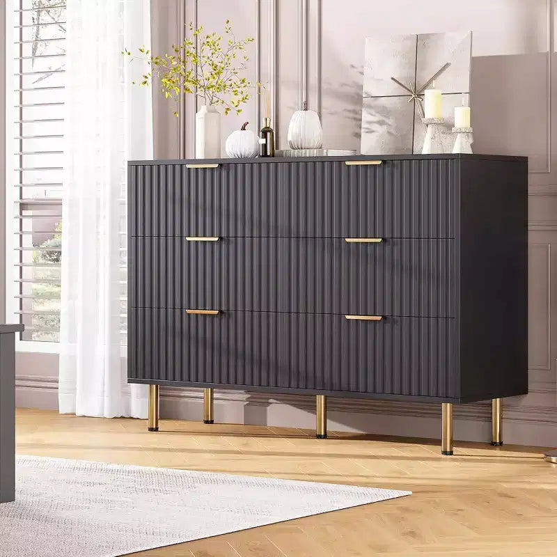 Moderner Sideboard mit 6 geriffelten Schubladen und Metallbeinen – Holzkommode und Beistelltisch für Schlafzimmer und Wohnzimmer  