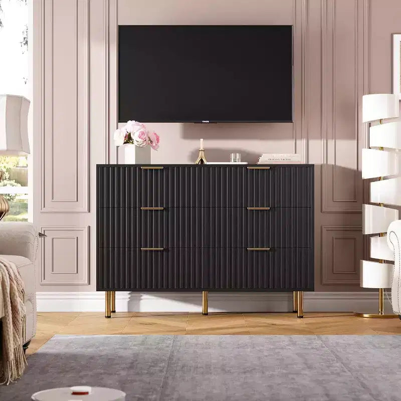 Moderner Sideboard mit 6 geriffelten Schubladen und Metallbeinen – Holzkommode und Beistelltisch für Schlafzimmer und Wohnzimmer  