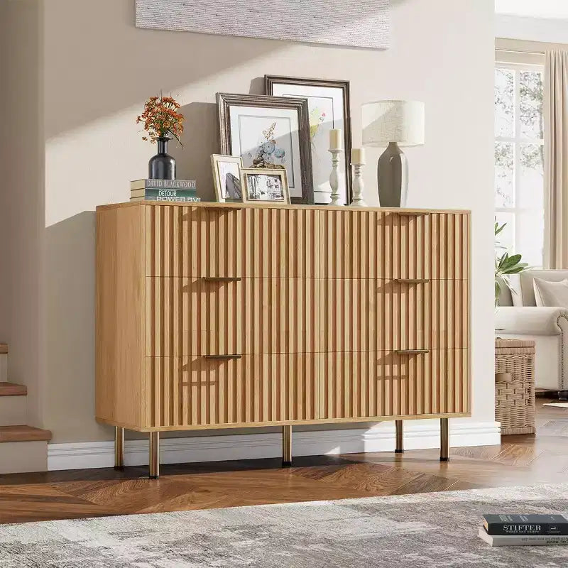 Modern Sideboard with Fluted 6 Drawers and Metal Legs – Wooden Dresser Organizer and Side Table for Bedroom and Living Room