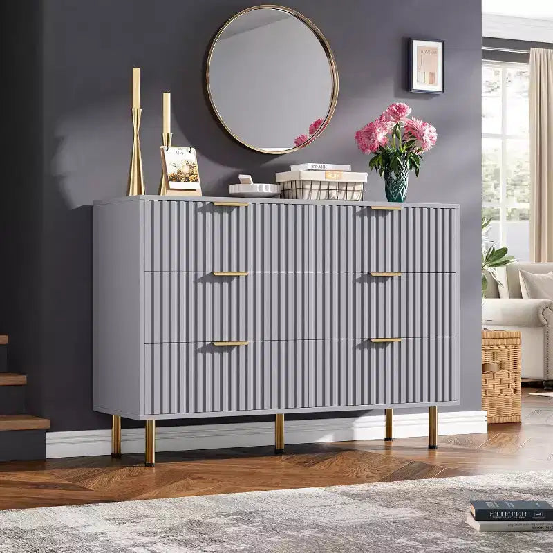 Modern Sideboard with Fluted 6 Drawers and Metal Legs – Wooden Dresser Organizer and Side Table for Bedroom and Living Room