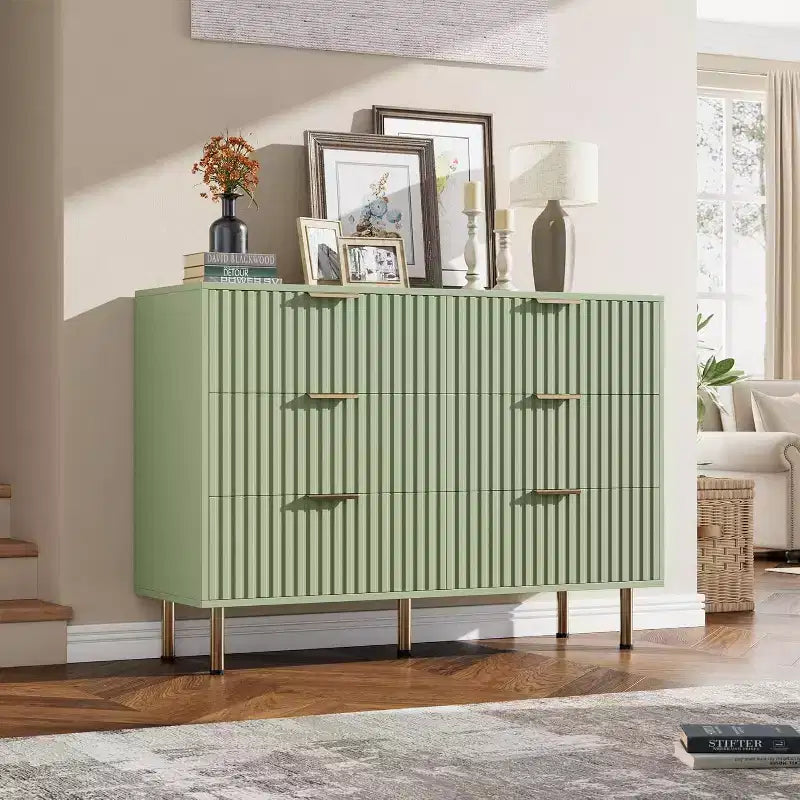 Modern Sideboard with Fluted 6 Drawers and Metal Legs – Wooden Dresser Organizer and Side Table for Bedroom and Living Room