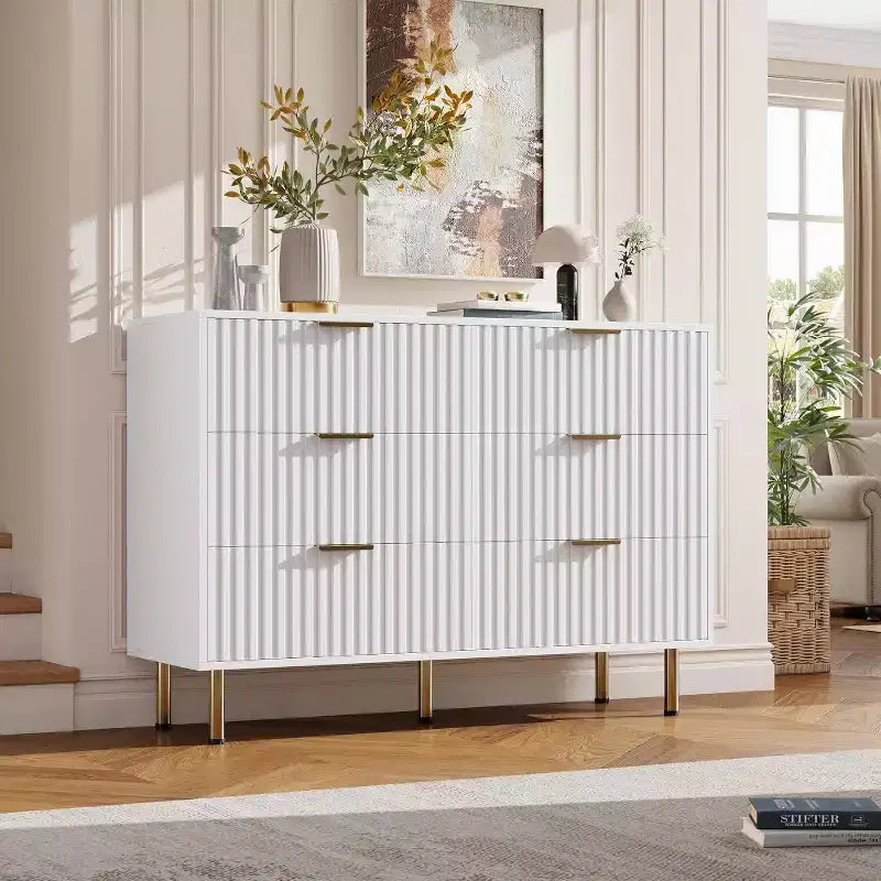 Modern Sideboard with Fluted 6 Drawers and Metal Legs – Wooden Dresser Organizer and Side Table for Bedroom and Living Room