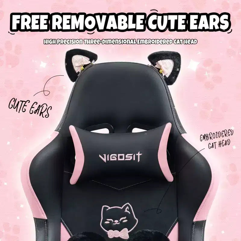 Modern Cute Cat Swivel Gaming Chair with Paw Lumbar Cushion – High Ergonomic Task Chair Computer Chair for Adults