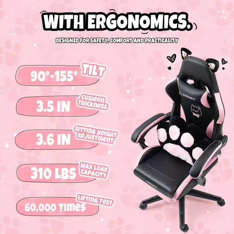 Modern Cute Cat Swivel Gaming Chair with Paw Lumbar Cushion – High Ergonomic Task Chair Computer Chair for Adults