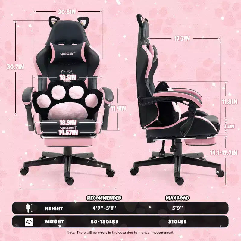Modern Cute Cat Swivel Gaming Chair with Paw Lumbar Cushion – High Ergonomic Task Chair Computer Chair for Adults