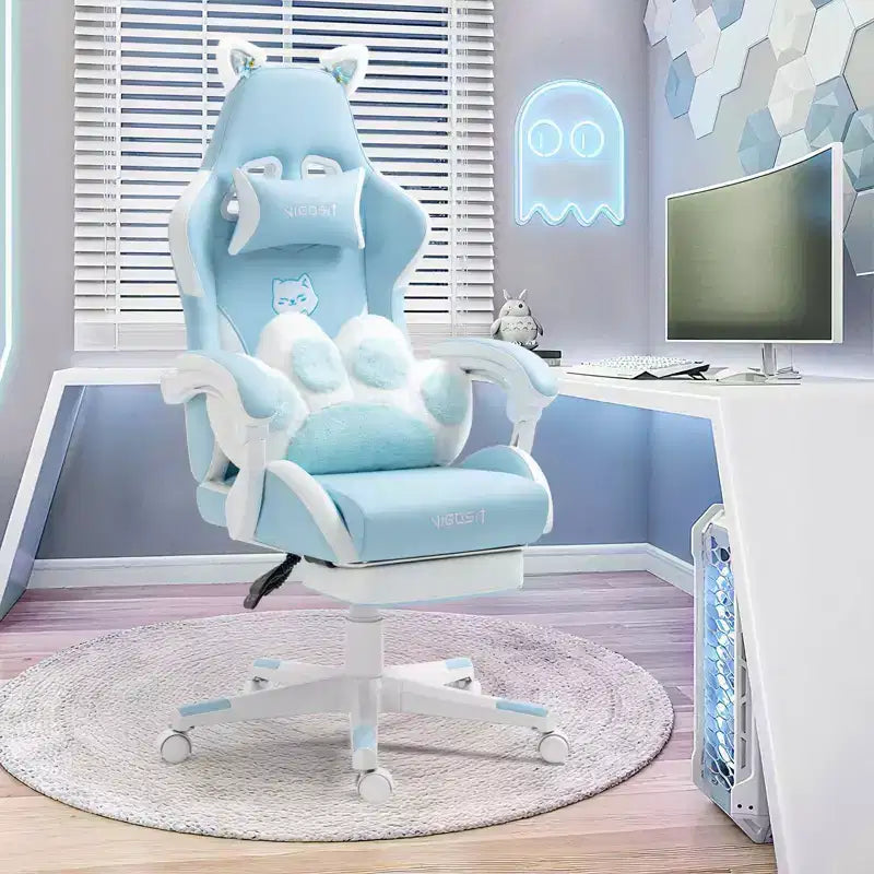 Modern Cute Cat Swivel Gaming Chair with Paw Lumbar Cushion – High Ergonomic Task Chair Computer Chair for Adults