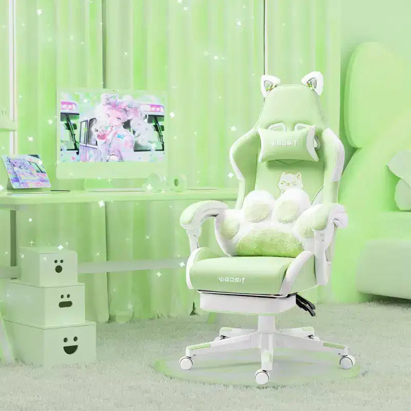 Modern Cute Cat Swivel Gaming Chair with Paw Lumbar Cushion – High Ergonomic Task Chair Computer Chair for Adults