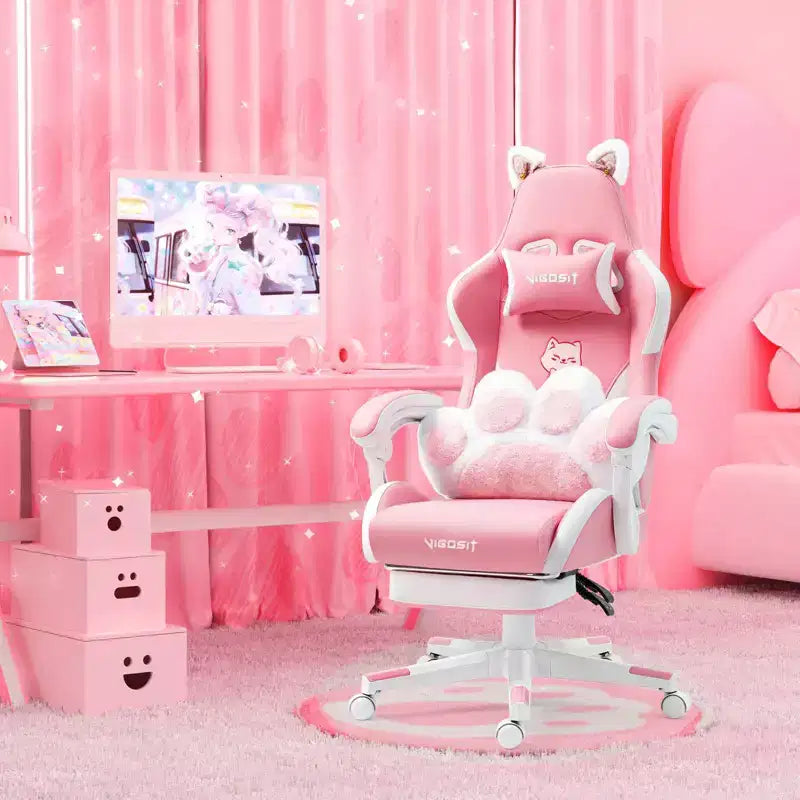 Modern Cute Cat Swivel Gaming Chair with Paw Lumbar Cushion – High Ergonomic Task Chair Computer Chair for Adults
