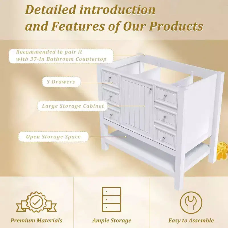 36-Inch Bathroom Vanity without Sink with 1 Cabinet and 3 Drawers – Freestanding Solid Wood Frame Storage Cabinet, White