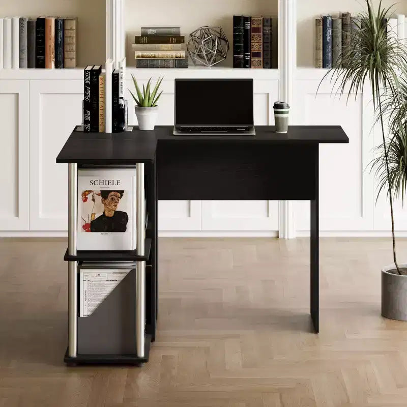 L Shaped Computer Desk with Open Storage Shelves – Corner Study and Writing Desk for Home Workspace