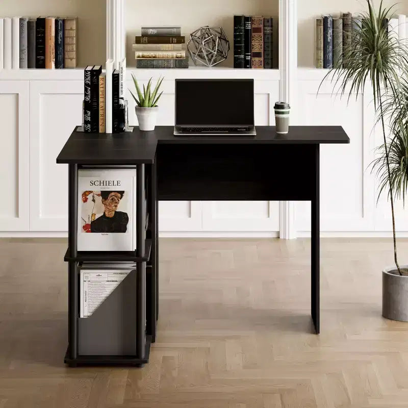 L Shaped Computer Desk with Open Storage Shelves – Corner Study and Writing Desk for Home Workspace