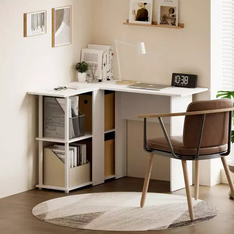L Shaped Computer Desk with Open Storage Shelves – Corner Study and Writing Desk for Home Workspace
