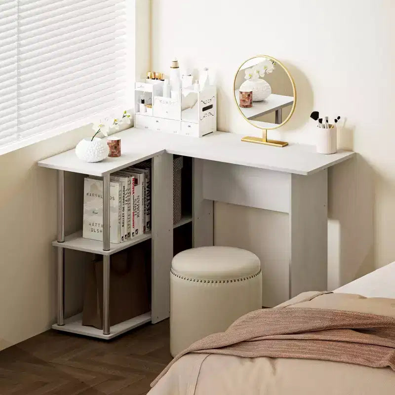 L Shaped Computer Desk with Open Storage Shelves – Corner Study and Writing Desk for Home Workspace