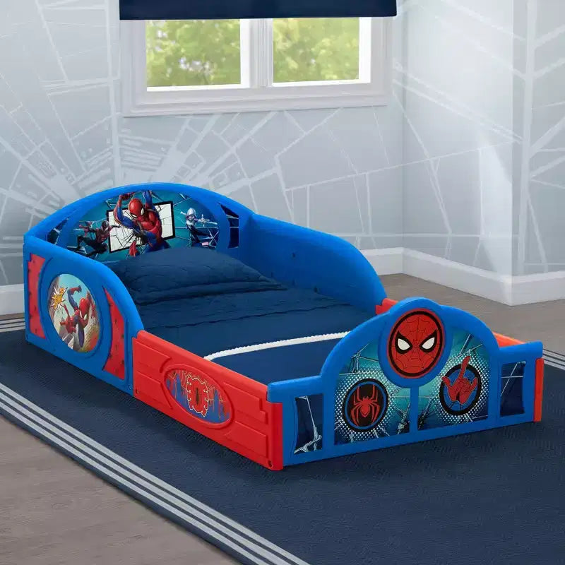 Superhero Theme Sleep and Play Toddler Bed with Built-In Guardrails – Durable Plastic Kids Bed Frame