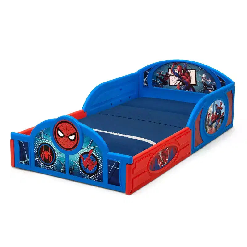 Superhero Theme Sleep and Play Toddler Bed with Built-In Guardrails – Durable Plastic Kids Bed Frame