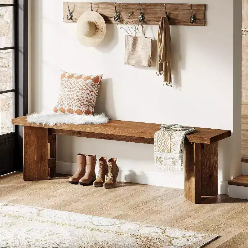Banco de pasillo de madera maciza de 63 pulgadas – Banco de estilo rústico para entrada, comedor y sala de estar