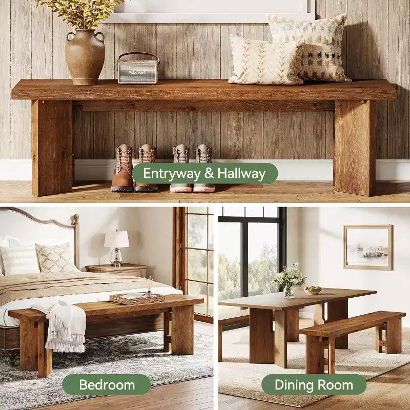 Banco de pasillo de madera maciza de 63 pulgadas – Banco de estilo rústico para entrada, comedor y sala de estar