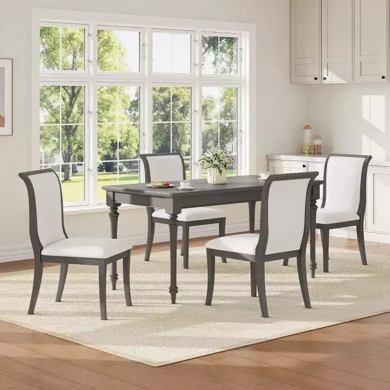 Set of 2 Farmhouse Upholstered Dining Chairs with Curved Backrest – Solid Wood Armless Side Chairs for Dining Room