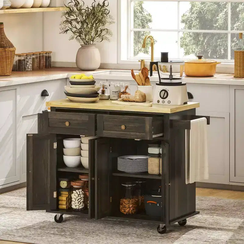 Kitchen Island on Wheels with Rubberwood Top, Spice Rack, Towel Rack and Drawers – Rolling Kitchen Cart