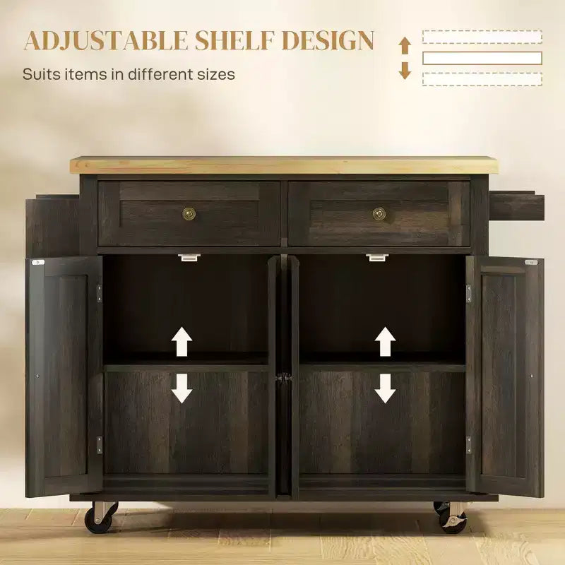 Kitchen Island on Wheels with Rubberwood Top, Spice Rack, Towel Rack and Drawers – Rolling Kitchen Cart