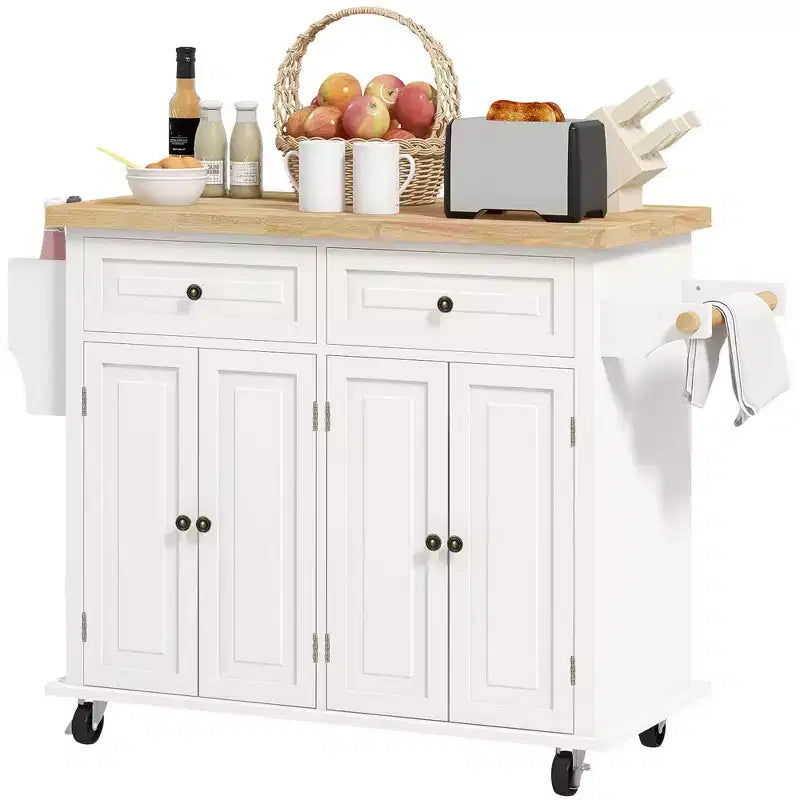 Kitchen Island on Wheels with Rubberwood Top, Spice Rack, Towel Rack and Drawers – Rolling Kitchen Cart