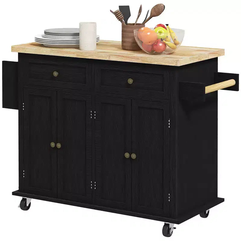 Kitchen Island on Wheels with Rubberwood Top, Spice Rack, Towel Rack and Drawers – Rolling Kitchen Cart