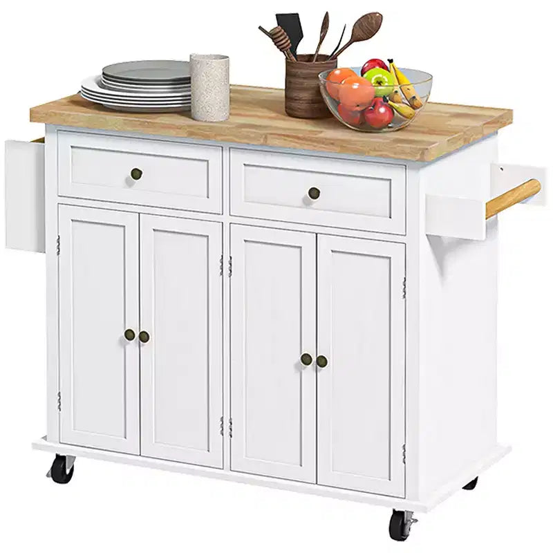 Kitchen Island on Wheels with Rubberwood Top, Spice Rack, Towel Rack and Drawers – Rolling Kitchen Cart