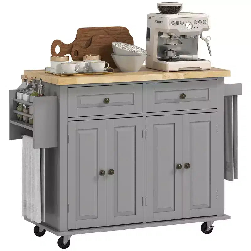Kitchen Island on Wheels with Rubberwood Top, Spice Rack, Towel Rack and Drawers – Rolling Kitchen Cart
