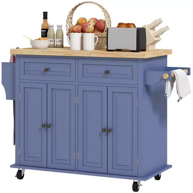 Kitchen Island on Wheels with Rubberwood Top, Spice Rack, Towel Rack and Drawers – Rolling Kitchen Cart