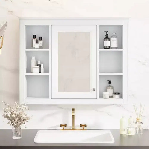 MAYEERTY 27.5 Medicine Cabinet, Wall Mounted Bathroom Storage Cabinet with Mirror 6 Open Shelves Modern White