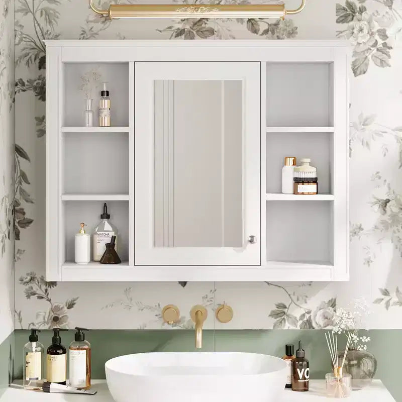 27.5-Inch Medicine Cabinet with Mirror and 6 Open Shelves – Wall Mounted Bathroom Storage Cabinet, Modern White