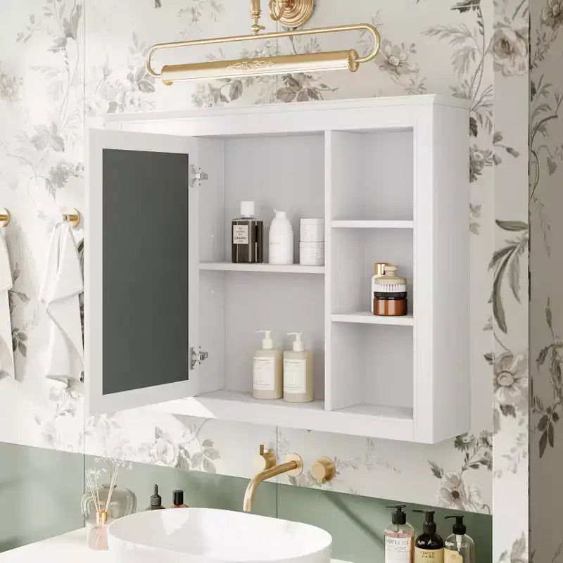 27.5-Inch Medicine Cabinet with Mirror and 6 Open Shelves – Wall Mounted Bathroom Storage Cabinet, Modern White