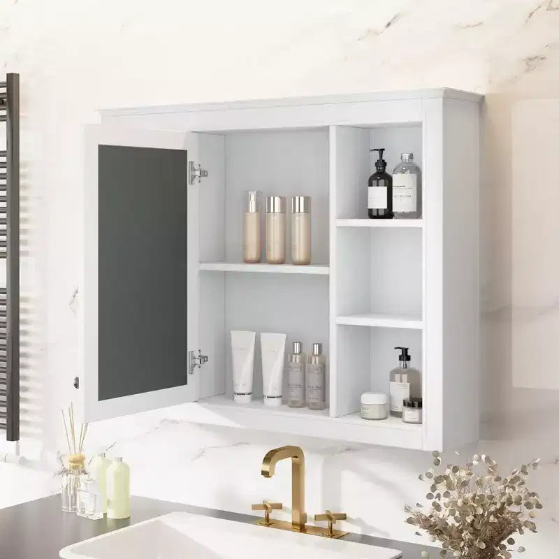 27.5-Inch Medicine Cabinet with Mirror and 6 Open Shelves – Wall Mounted Bathroom Storage Cabinet, Modern White