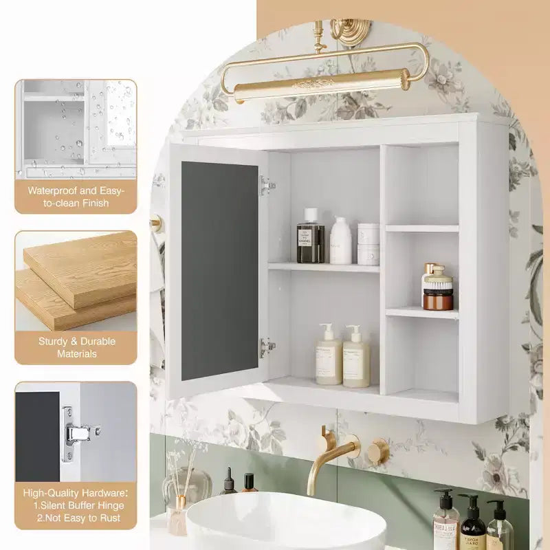27.5-Inch Medicine Cabinet with Mirror and 6 Open Shelves – Wall Mounted Bathroom Storage Cabinet, Modern White