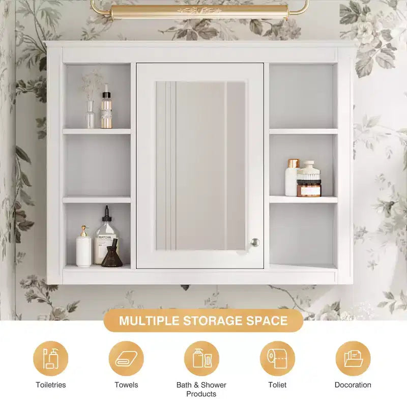 27.5-Inch Medicine Cabinet with Mirror and 6 Open Shelves – Wall Mounted Bathroom Storage Cabinet, Modern White