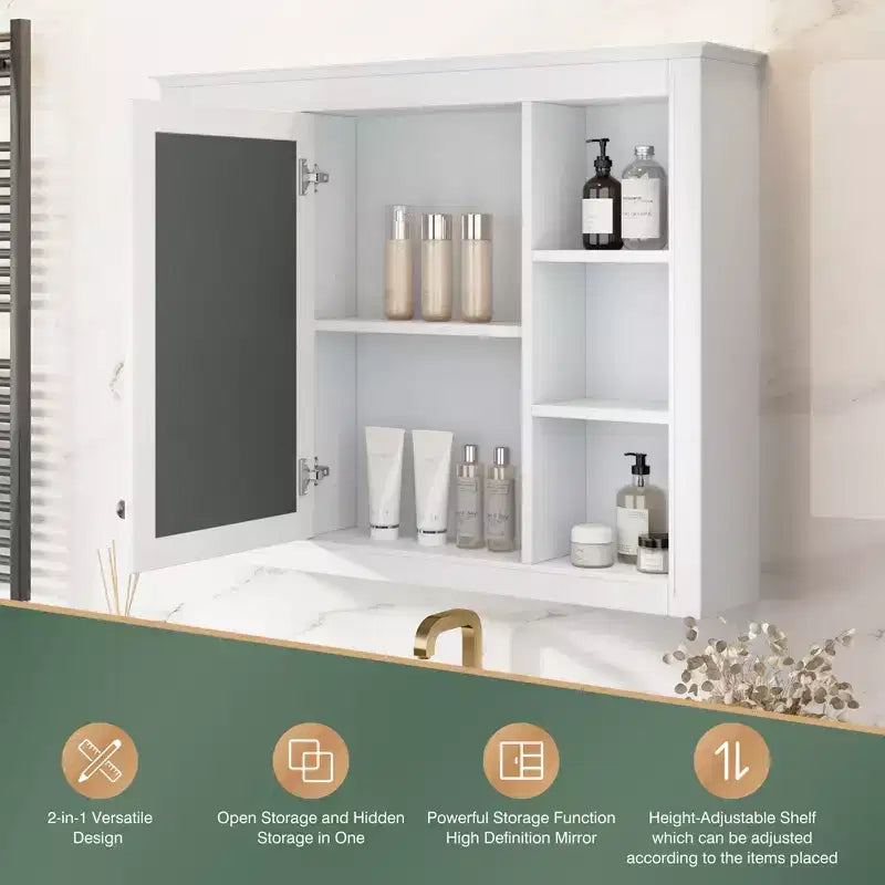 27.5-Inch Medicine Cabinet with Mirror and 6 Open Shelves – Wall Mounted Bathroom Storage Cabinet, Modern White