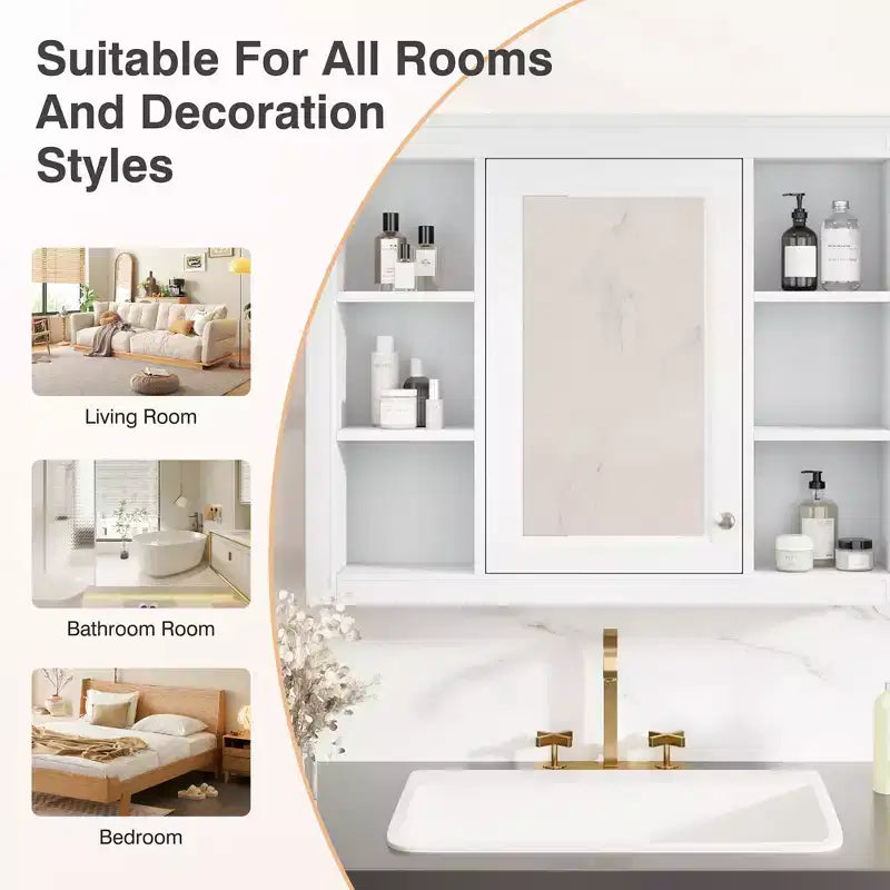 27.5-Inch Medicine Cabinet with Mirror and 6 Open Shelves – Wall Mounted Bathroom Storage Cabinet, Modern White