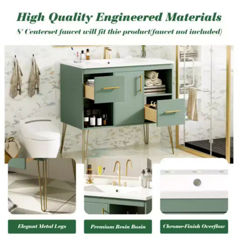36-Inch Bathroom Vanity with Sink, Resin Countertop, 2 Drawers and 2 Open Shelves – Freestanding Storage Cabinet