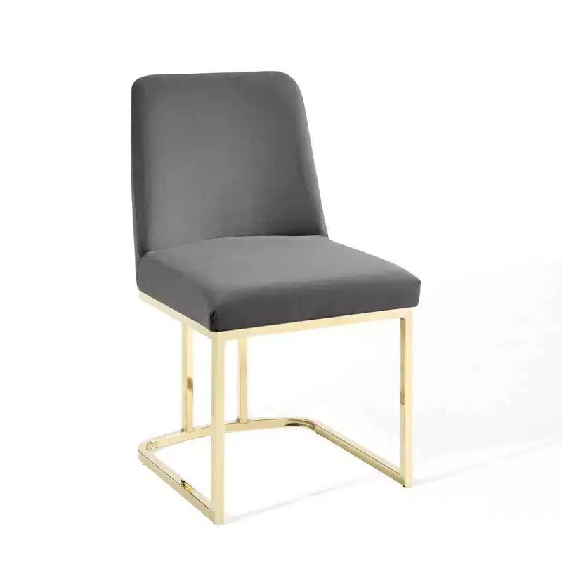 Set of 2 Performance Velvet Dining Chairs with Gold Sled Base – Upholstered Glam Accent Chairs, Gray
