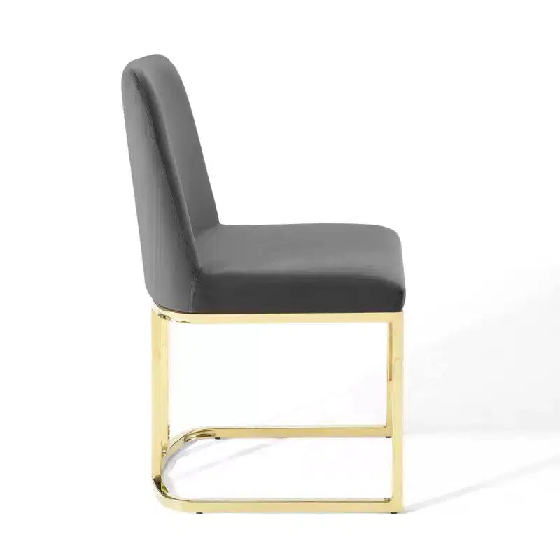 Set of 2 Performance Velvet Dining Chairs with Gold Sled Base – Upholstered Glam Accent Chairs, Gray